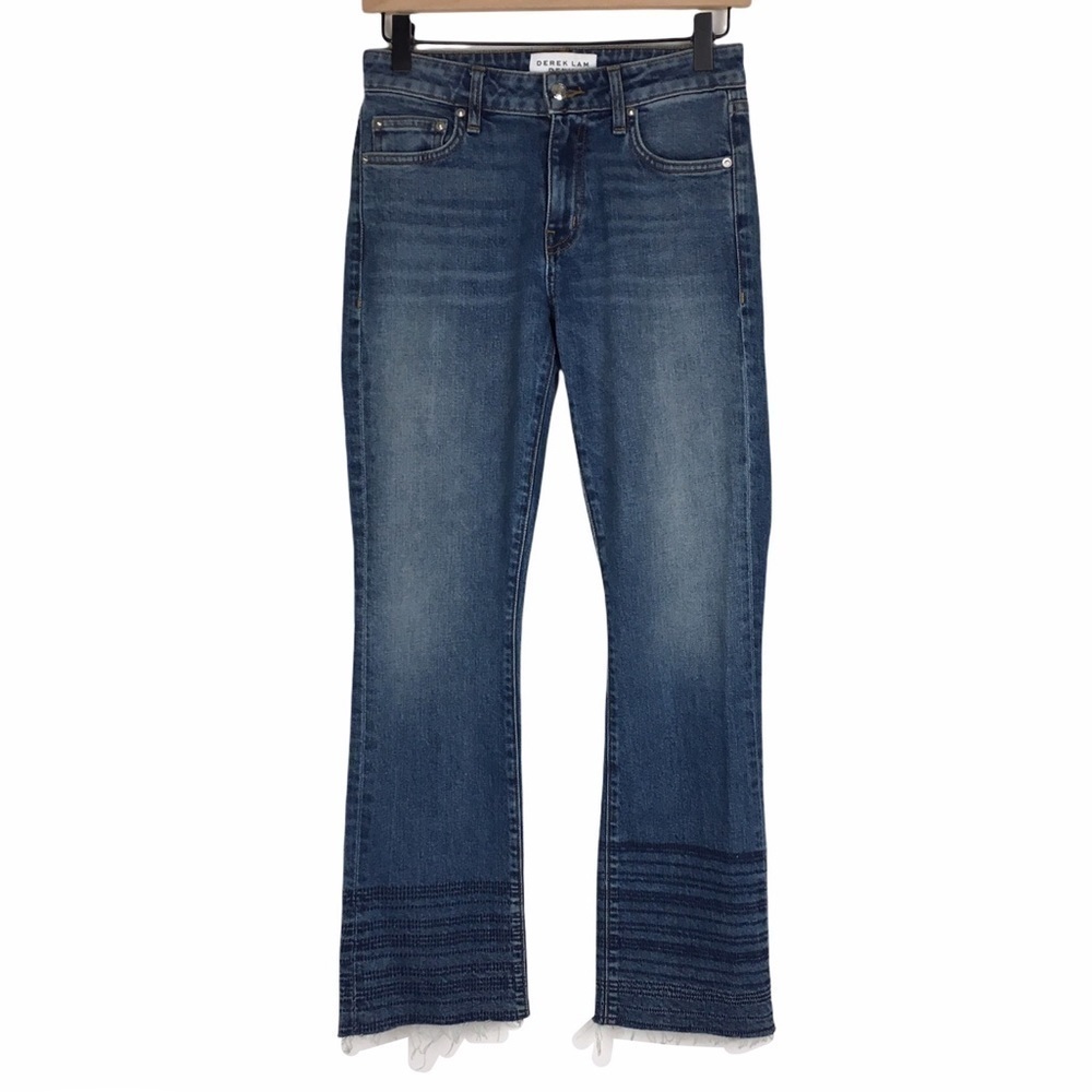 DEREK LAM DENIM Gia Crop Flare Jeans Mid Rise Embroidered Look Stripe Size 25